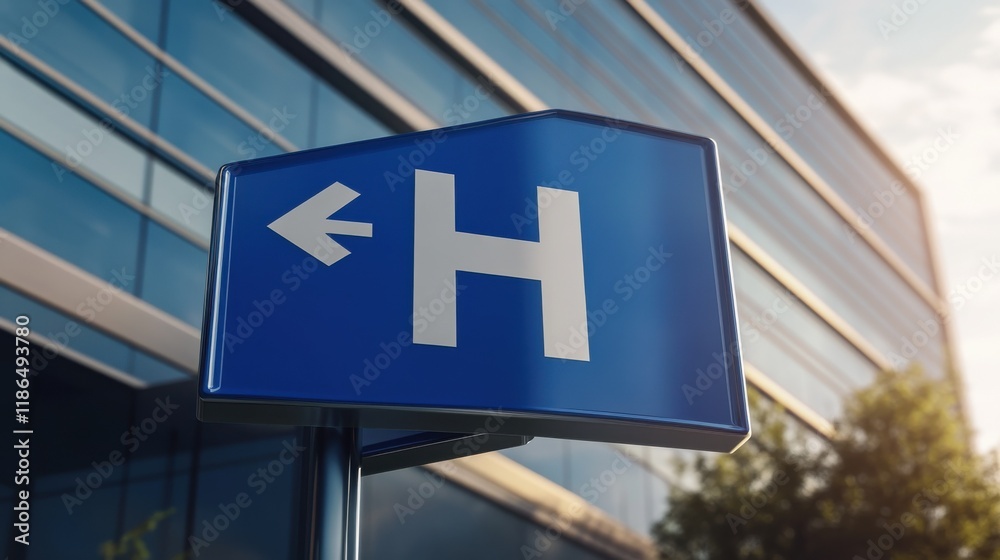 A blue hospital H sign with an arrow pointing left A blue hospital H sign with an arrow pointing left