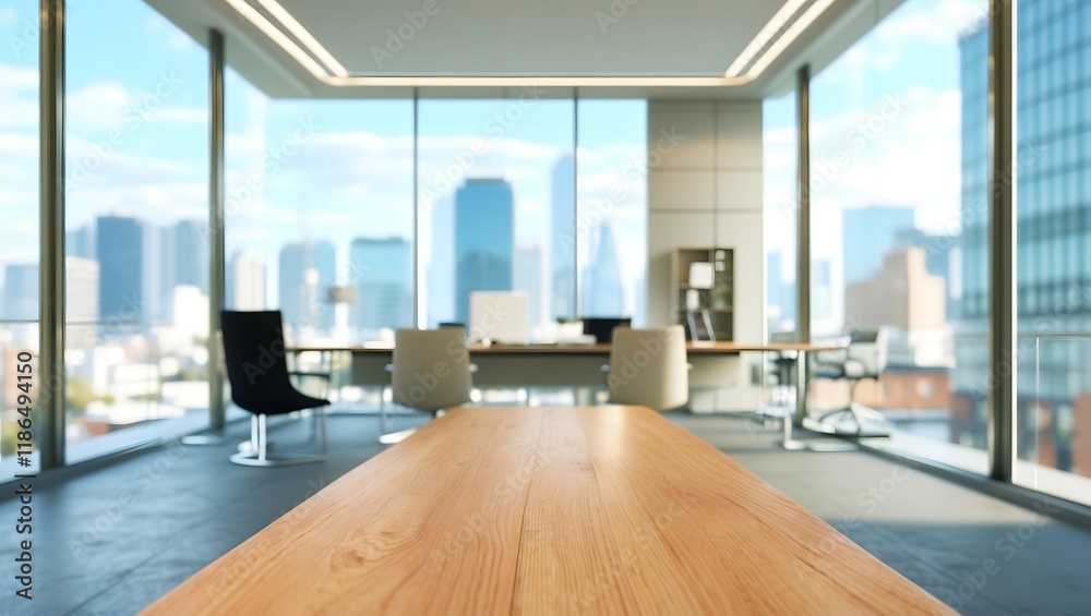 Fototapeta premium Wooden table in light office with panoramic windows 
