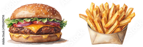 Delicious burger with cheese, fresh lettuce, vibrant tomatoes, crispy fries, watercolor style, food illustration, appetizing presentation.