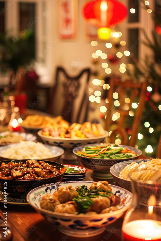 Chinese New Year background, serene family dinner setting, traditional dishes on the table, warm lighting, harmonious atmosphere Chinese New Year background, serene family dinner setting, traditional dishes on the table, warm lighting, harmonious atmosphere