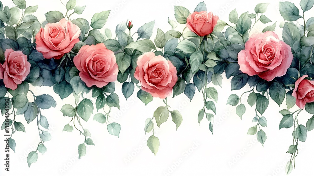 Naklejka premium Watercolor Roses Seamless Border, Floral Design