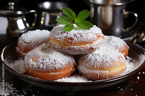 Powdered sugar crusty donuts closeup,.  Generative AI photo