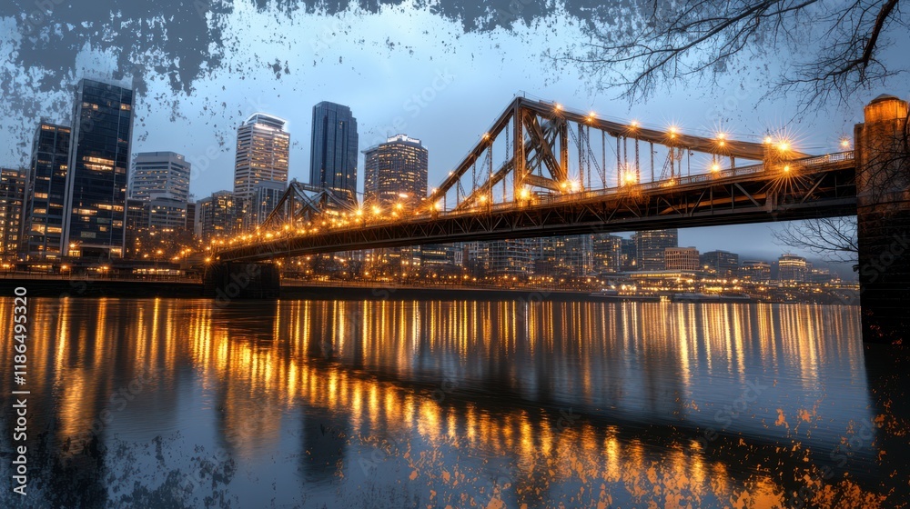 Naklejka premium A glowing suspension bridge stretches over a calm river, illuminated against a backdrop of city skyscrapers at night.