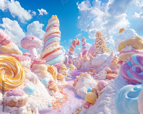 Whimsical candy landscape, pastel colors, sugary treats, sweet dreams, fantasy world, digital art, magical scene, dessert wonderland, lollipop, marshmallow, candy cane, cotton cand photo