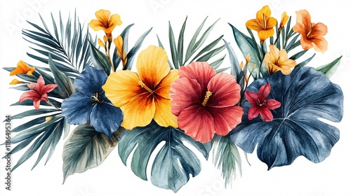 Watercolor Tropical Floral Arrangement, Hibiscus, Palm Leaves