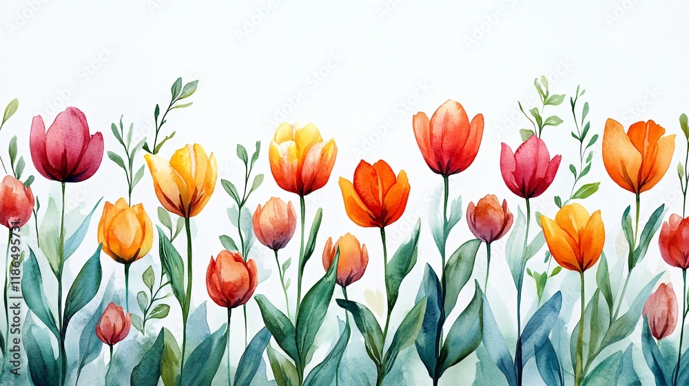 Obraz premium Watercolor Tulips Seamless Border, Spring Flowers