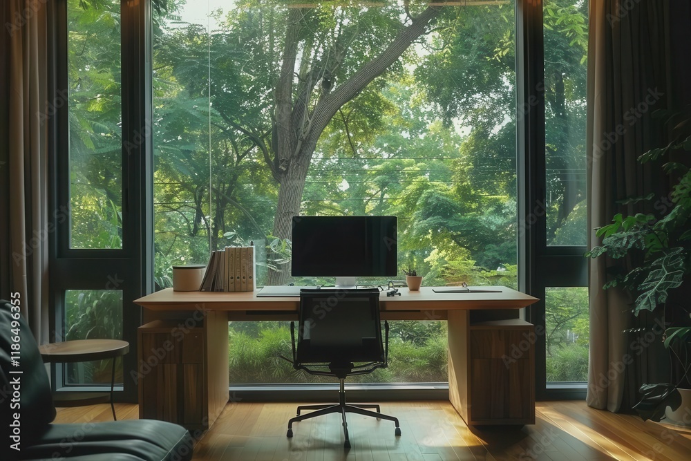 Fototapeta premium A serene workspace with a view of lush greenery, promoting productivity and tranquility.