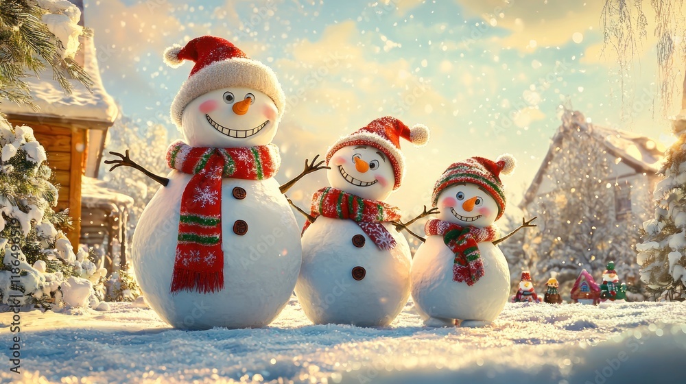Obraz premium Snowman Family in a Winter Wonderland