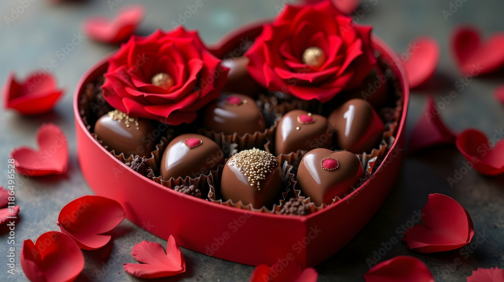 A heart-shaped box overflows with decadent chocolate treats, adorned with elegant red roses. A perfect Valentine's Day gift! A heart-shaped box overflows with decadent chocolate treats, adorned with elegant red roses. A perfect Valentine's Day gift!