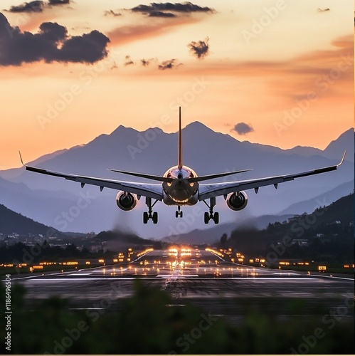 Stunning high resolution photo of an airplane preparing to land with mountains in the background at sunset. Five meters to the runway. Photo from a low angle photo