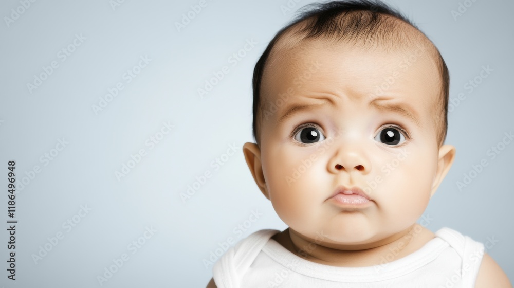 Cute baby with wide eyes and curious expression looking directly at the viewer in a light background, showcasing innocence and wonder Cute baby with wide eyes and curious expression looking directly at the viewer in a light background, showcasing innocence and wonder