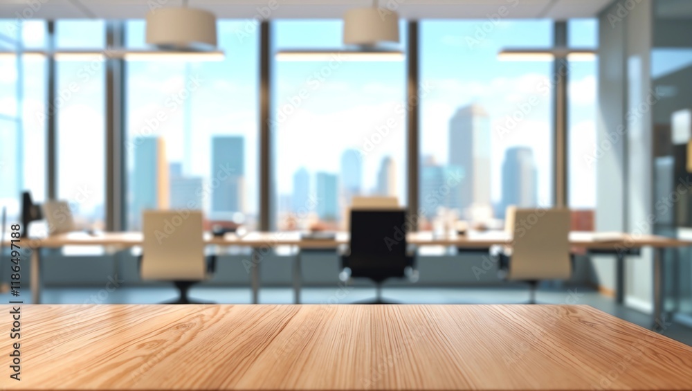 Wooden table in light office with panoramic windows Wooden table in light office with panoramic windows