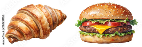 Delicious croissant, juicy hamburger, fresh ingredients, appetizing food, watercolor illustration, vibrant colors, culinary art, breakfast and lunch.