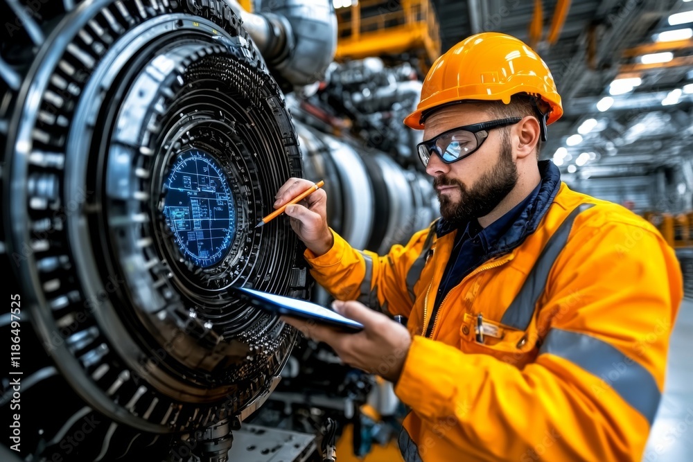 Engineer conducts maintenance check on aircraft engine with digital interface in a modern workshop during daylight hours Engineer conducts maintenance check on aircraft engine with digital interface in a modern workshop during daylight hours