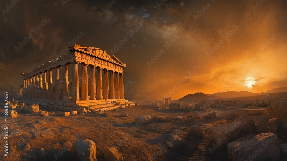 Fototapeta premium Ancient temple at sunset with dramatic sky.