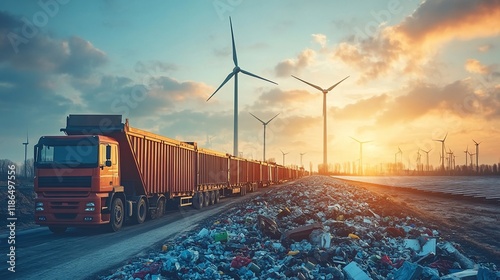 Orange truck transports waste to landfill near wind turbines at sunset. photo