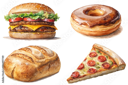 Delicious fast food, colorful burger, sweet donut, fresh bread, cheesy pizza, appetizing illustrations, food art.
