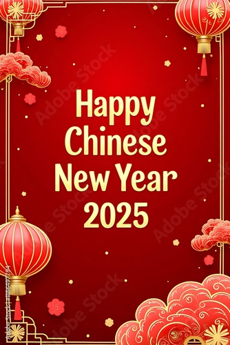 hinese New Year 2025 frame in traditional Chinese style. Festive red and gold border with intricate Asian patterns, celebrating New Year with cultural design elements. photo