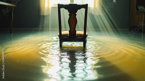 Submerged Chair in Flooded Room, A solitary wooden chair sits submerged in a flooded room, its reflection mirroring in the still water surface. The chaotic aftermath of flooding is evident.