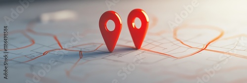 Two red location pins sitting on a map, highlighting an orange route, representing the concepts of online navigation and efficient route planning for travel adventures photo