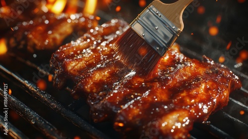 cooking, culinary and food concept - close up of brush smearing marinade sauce on barbecue meat roasting on brazier grill outdoors