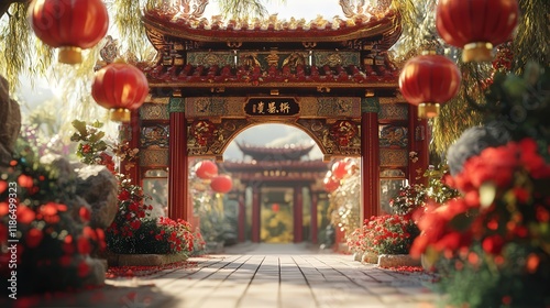 A Chinese temple gate framed with floral decorations, gold accents, and red lanterns, welcoming the Chinese New Year.