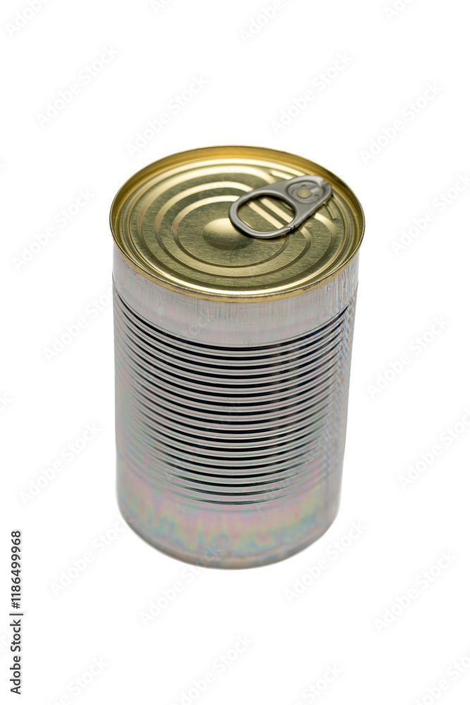 Pull-tab Canned Food with Opener on White Background