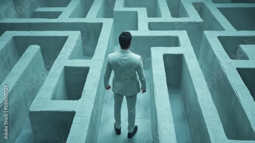 Businessman standing in middle of a maze looking for the right way out, problems and solutions concept photo