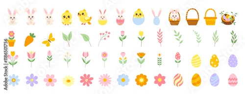 A collection of Easter-themed images, including flowers, eggs, and baskets. The images are colorful and playful, evoking a sense of joy and celebration