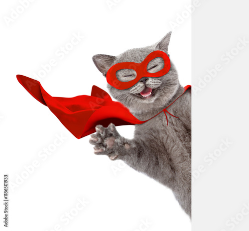 Happy cat wearing superhero costume looking above from behind blank white banner and waves his paw. Isolated on white background.