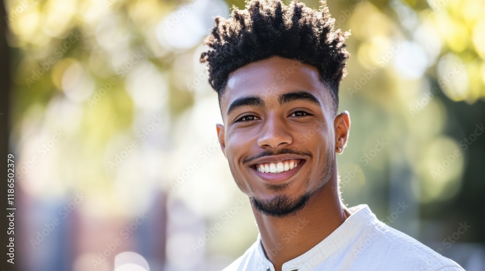 Radiant Confidence: A young man with an afro and a warm smile, radiates confidence, his eyes shining with positivity and vitality against a soft, blurred background. Radiant Confidence: A young man with an afro and a warm smile, radiates confidence, his eyes shining with positivity and vitality against a soft, blurred background.