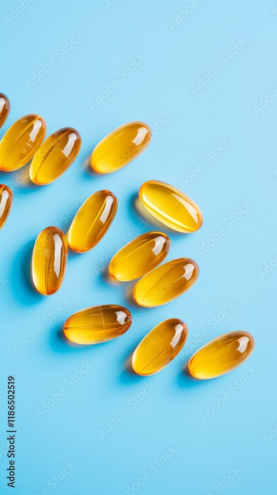 Capsules of amber-colored oil scattered on a light blue surface showcase natural health products for dietary supplementation Capsules of amber-colored oil scattered on a light blue surface showcase natural health products for dietary supplementation
