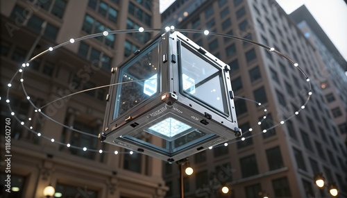 Futuristic glowing cube installation in a modern cityscape