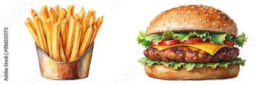 Delicious fast food, crispy fries, juicy burger, vibrant colors, watercolor style, appetizing presentation, restaurant menu design.