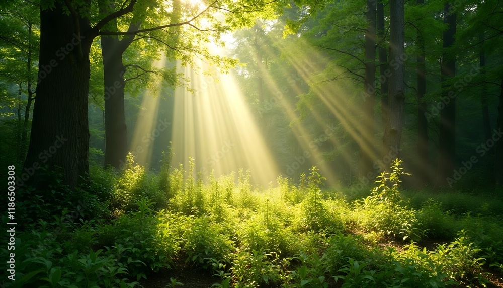 Obraz premium Sunlight streaming through trees in a lush green forest, creating a magical atmosphere