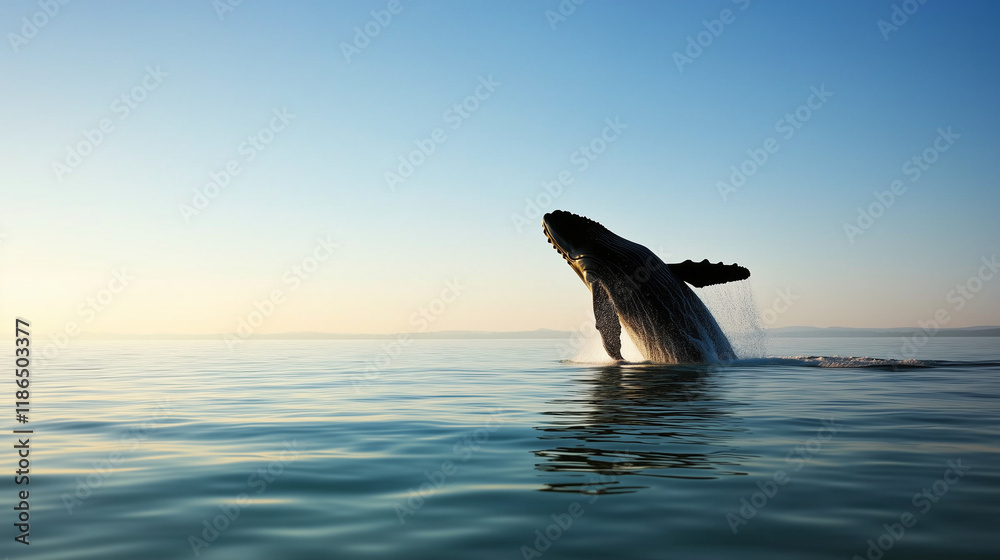 Fototapeta premium A majestic whale breaching the ocean surface under a clear blue sky, minimalist.