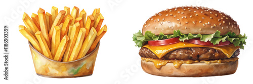 Delicious fast food, crispy fries, juicy burger, colorful presentation, appetizing meal, restaurant style, food illustration.