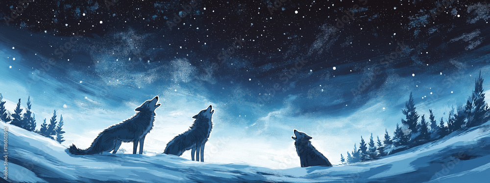 Fototapeta premium Wolves gathered in a snowy landscape, howling under the starry sky, World Wildlife Day