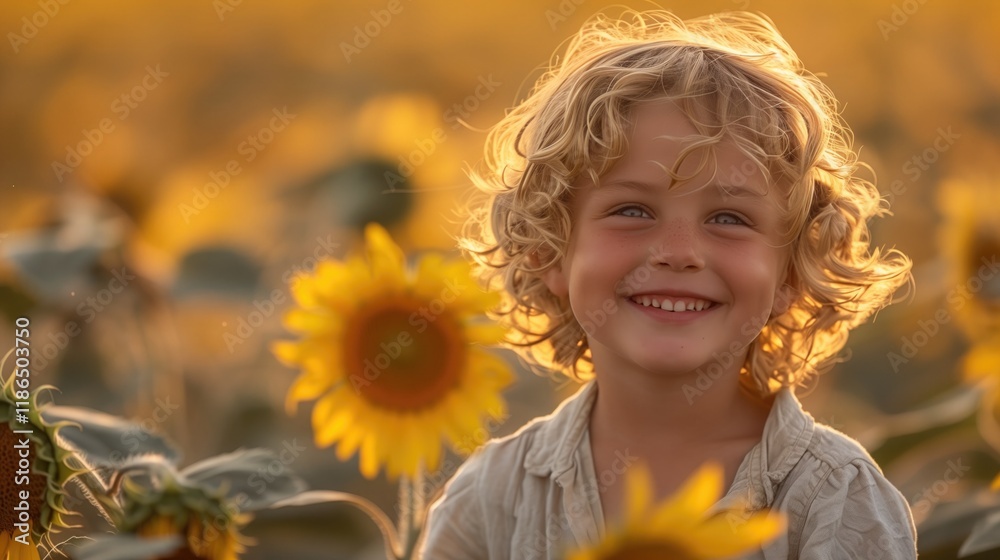 Kids running through a sunflower field, laughing and playing in the golden light Kids running through a sunflower field, laughing and playing in the golden light