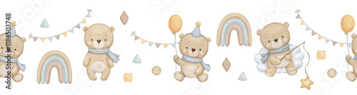 Seamless border with cute baby bear in neutral colors. Hand drawn watercolor illustration on repeat background