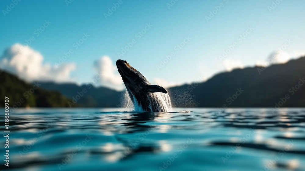 Fototapeta premium A majestic whale breaching the ocean surface under a clear blue sky, minimalist.