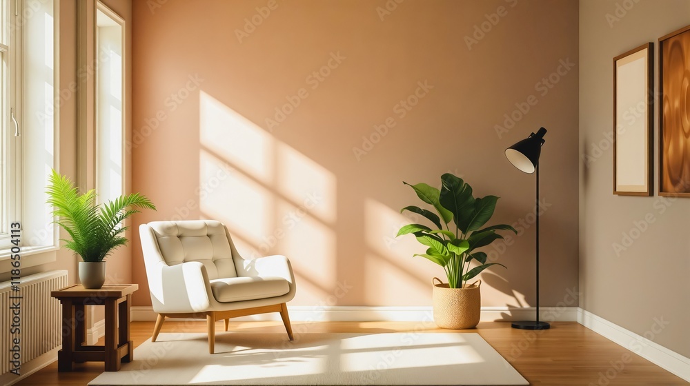 Fototapeta premium Serene Living Room with Natural Light , A cozy and inviting living room bathed in warm natural light. Featuring a white armchair near a window, a potted plant adding greenery.