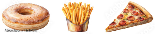 Delicious fast food, watercolor illustration, pizza slice, crispy fries, sweet donut, vibrant colors, appetizing design.