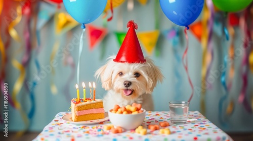 Happy Birthday Pup! Festive Dog Party Celebration , A small dog wearing a festive party hat sits at a table laden with birthday cake, flickering candles, and a bowl of colorful candy. photo