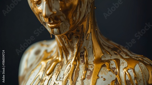 Close-up view of a sculpted bust, partially covered in molten-looking gold paint. photo