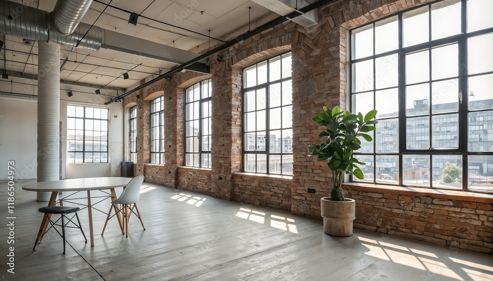 Fototapeta premium Bright industrial loft with large windows and modern furniture