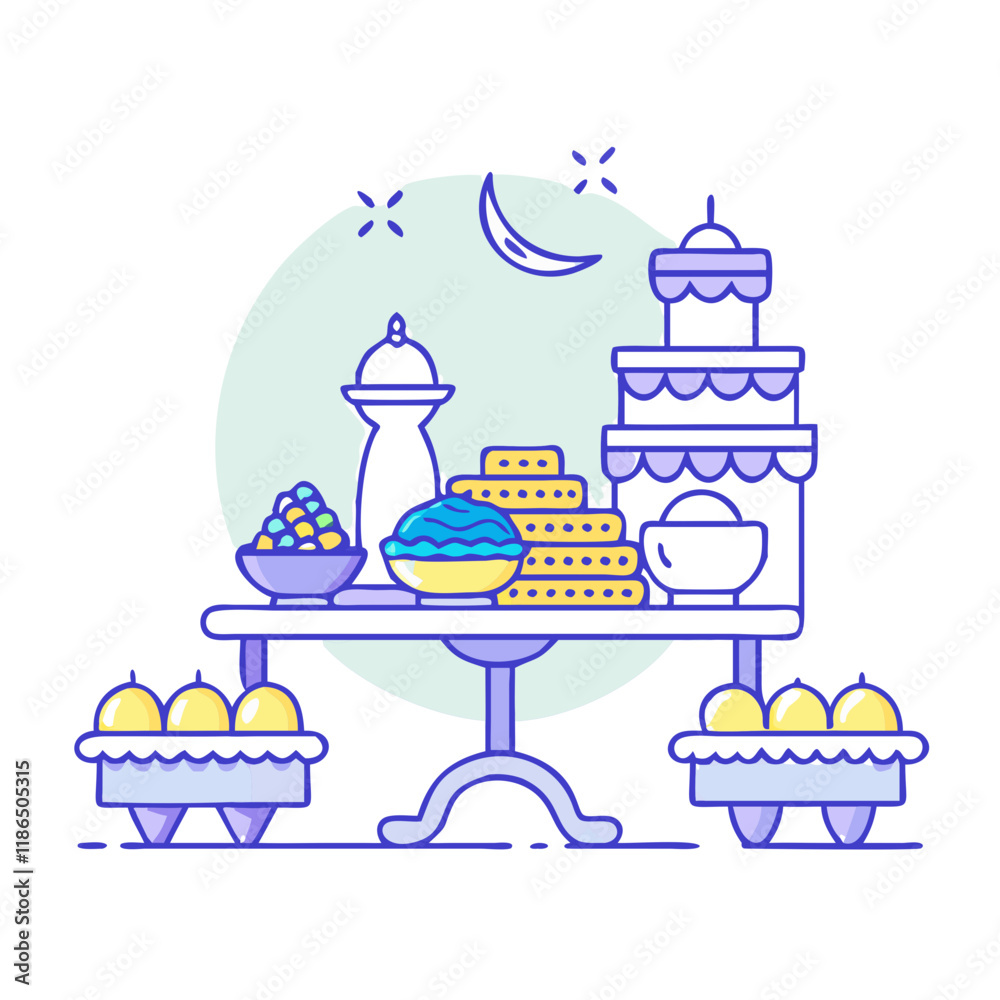 eid dessert table vector icon, eid al-fitr vector illustration - simple illustration of eid dessert table perfect for logos, and eid al-fitr-themed designs. eid dessert table vector icon, eid al-fitr vector illustration - simple illustration of eid dessert table perfect for logos, and eid al-fitr-themed designs.