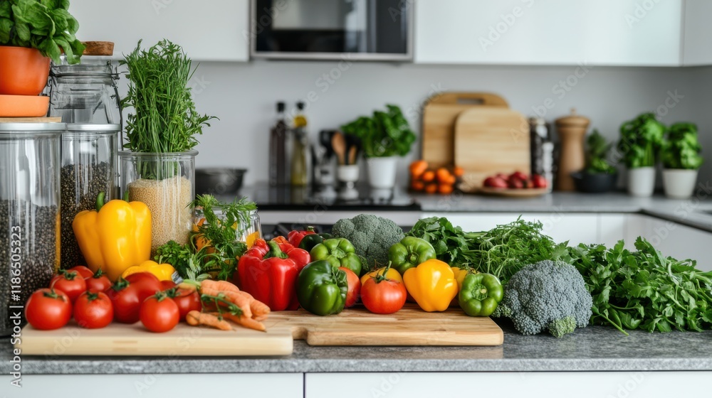 A vibrant kitchen countertop loaded with colorful fresh vegetables and herbs, neatly arranged for a lively and healthy cooking experience.