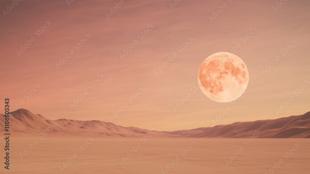 Fototapeta premium Full moon rising over a desert landscape with soft pink and orange tones Serene evening scene highlighting lunar beauty and natural desert environment
