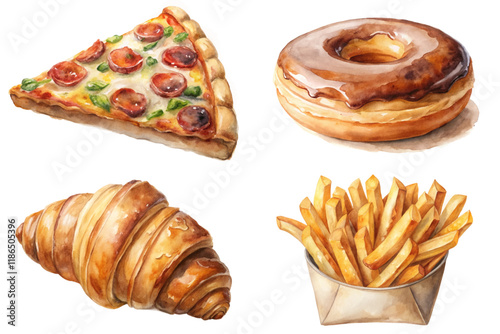 Delicious food illustrations, pizza slice, glazed donut, buttery croissant, crispy fries, watercolor style.
